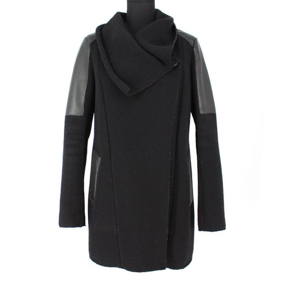 Mackage Jackets & Blazers - Mackage Black Sweater Knit Crossover Coat Leather Trim Shoulders Pocket Trim XS